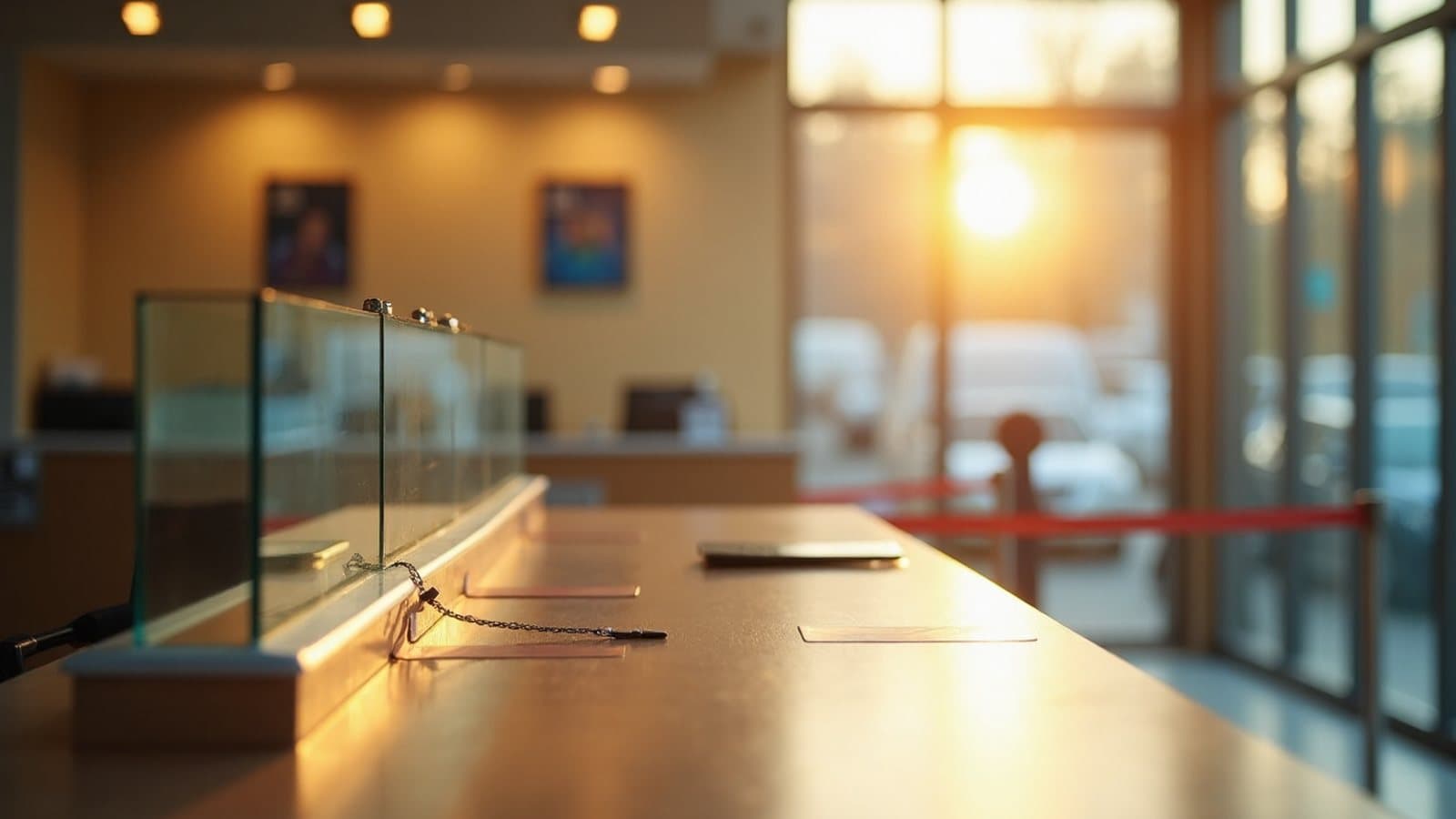 Empty bank counter with a glass partition and a queue barrier in soft light