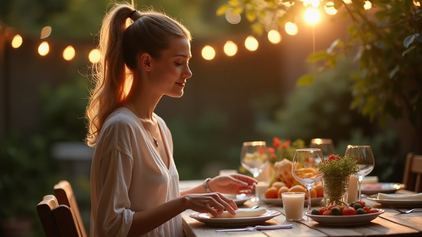 Woman with blond hair setting plates on a garden table under string lights