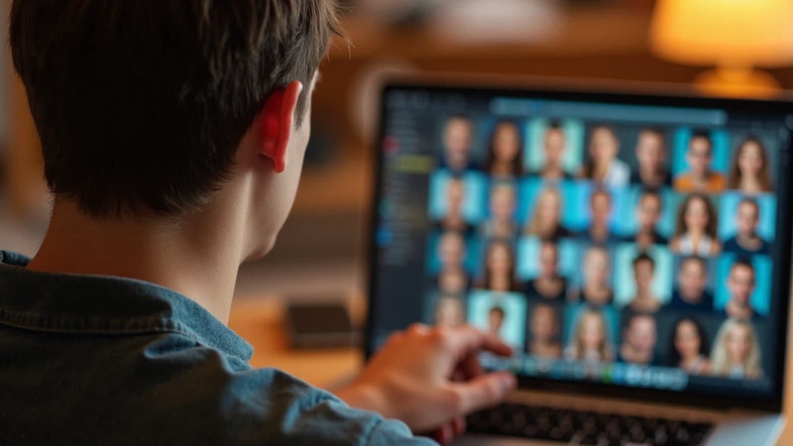 Man seen from behind pointing at a laptop screen full of portrait thumbnails