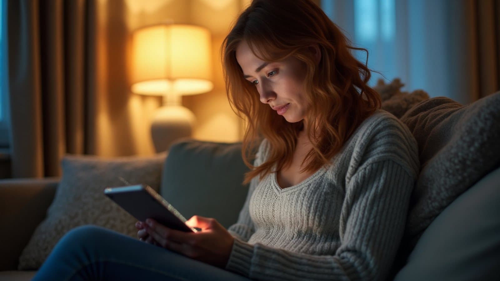 Woman with auburn hair on a sofa at dusk, looking worried at a glowing tablet