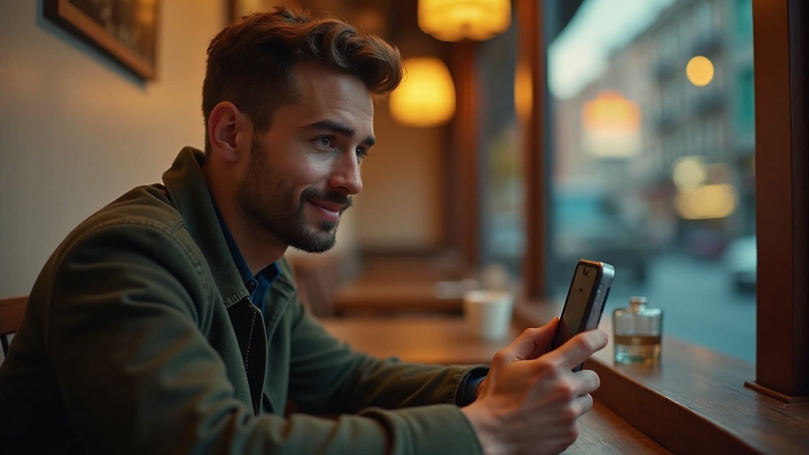 Homme souriant à une table de café, téléphone en main pour un appel vidéo