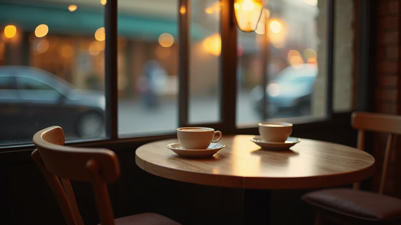 Table de café avec deux tasses servies et deux chaises vides