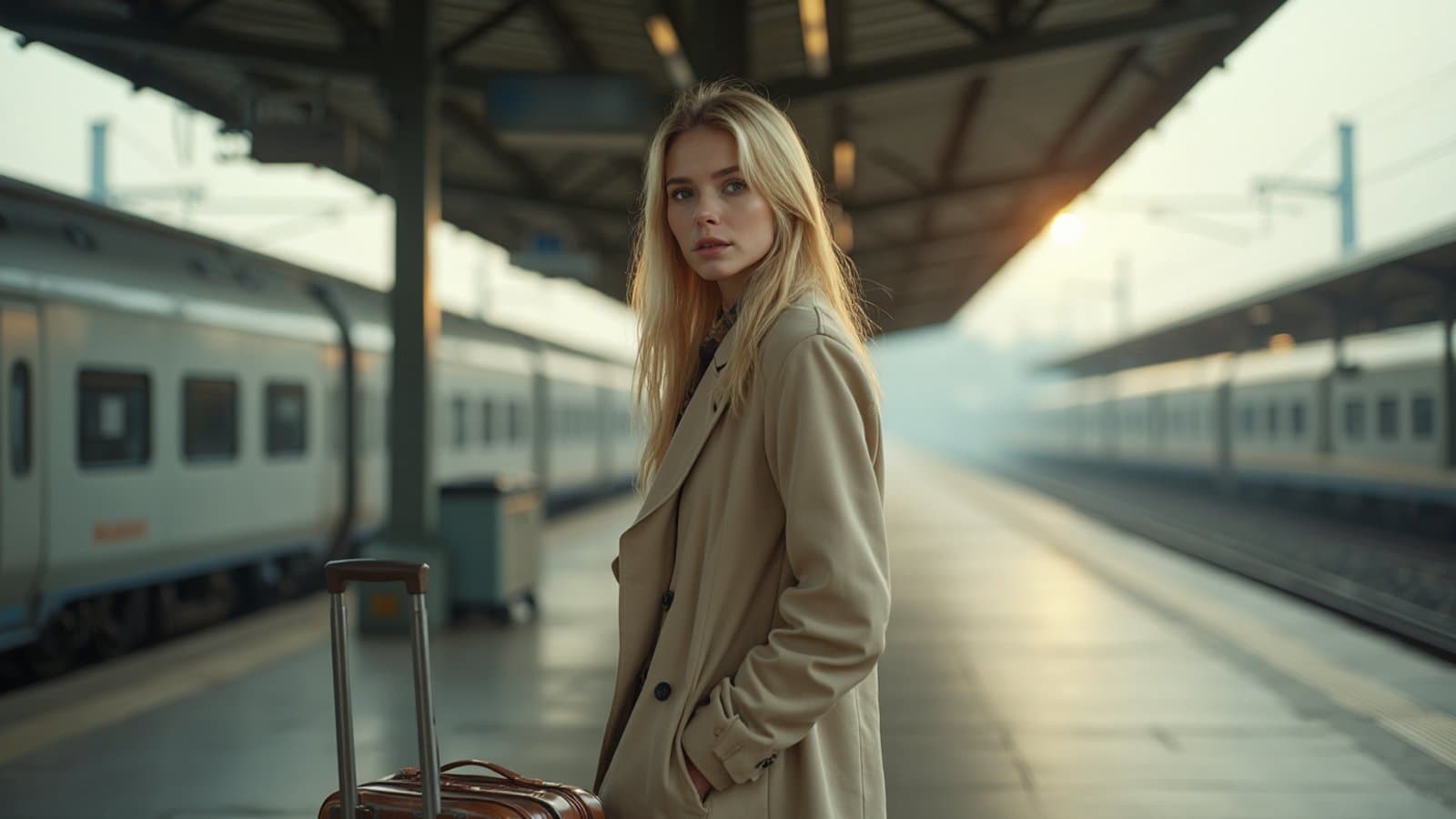 Jeune femme blonde sur un quai de gare, une petite valise à côté d'elle