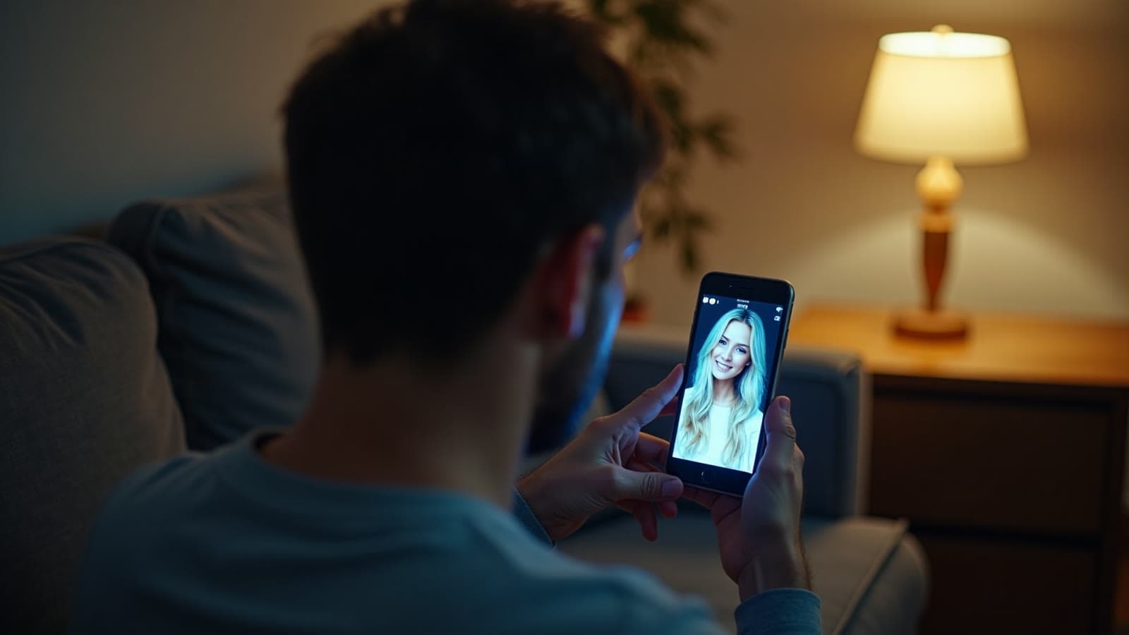 Homme de dos sur un canapé, la nuit, regardant la photo d'une femme sur son téléphone