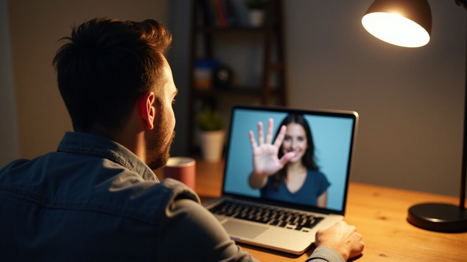 Appel vidéo sur ordinateur portable, la femme lève la main devant la caméra