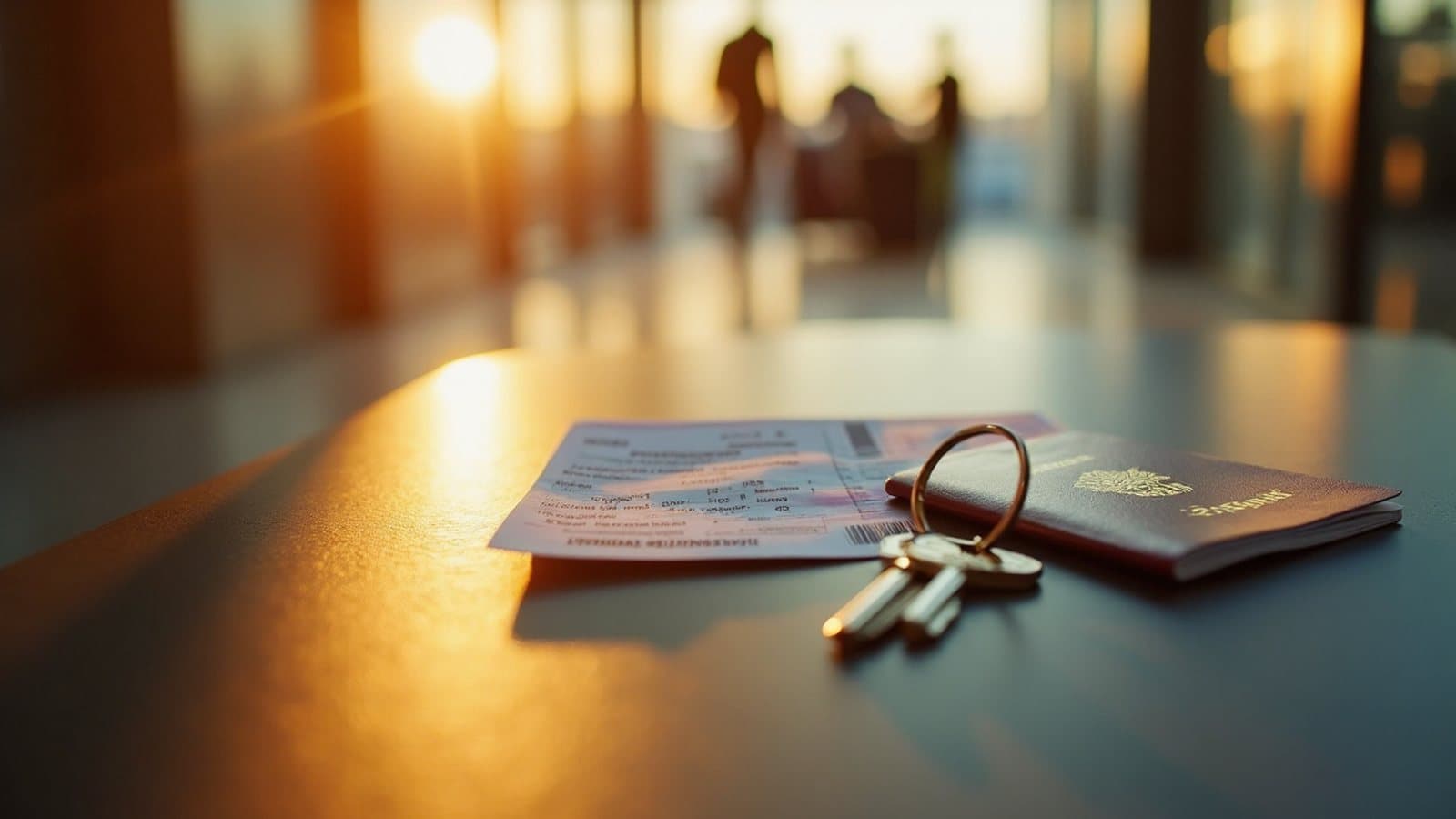 Billet d'avion imprimé, passeport et trousseau de clés posés sur une table