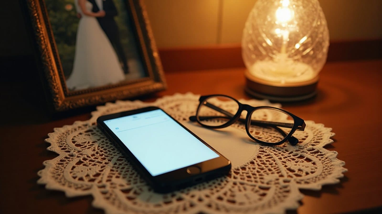 Téléphone allumé sur un napperon, près de lunettes et d'une photo de mariage