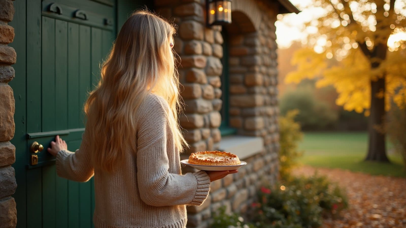 Femme blonde de dos frappant à une porte verte, une tarte aux pommes à la main